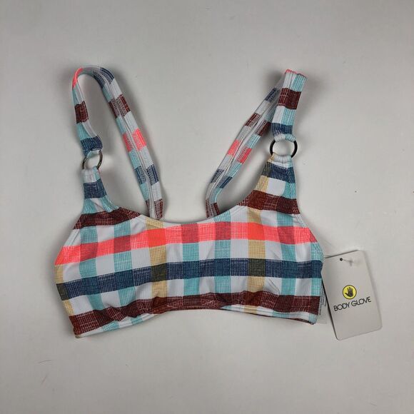 Body Glove La La Land Milan Bikini Top XS Stripe Plaid Blue Red Retro 70s Beach - Picture 3 of 7